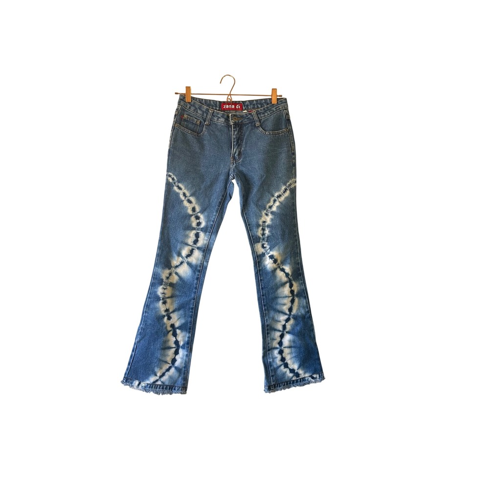 Zana Di Vintage Flare Jeans Blue Tie Dye Bleached Sunburst Raw Hem Womens Size 3